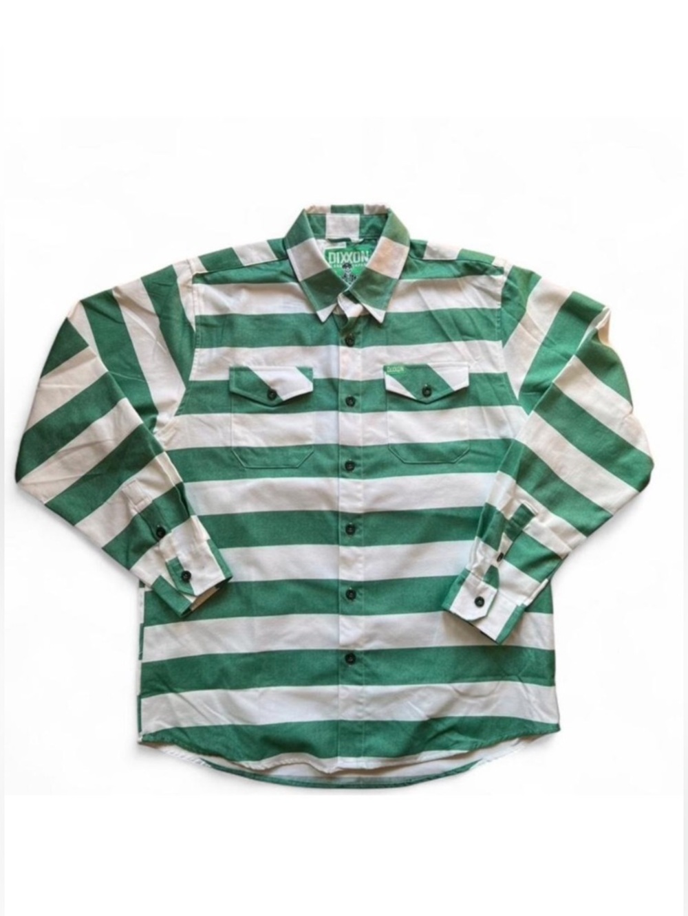 Dixxon Flannel Company Green and white striped flannel button-up shirt